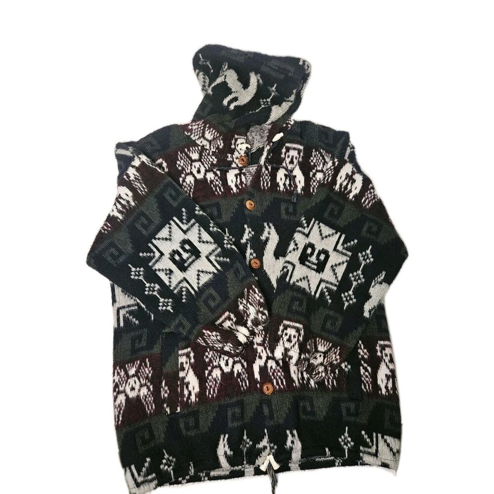 Wool Alpaca Print Hooded Cardigan Button Up Sweater- Grey/White/Plum/Green-L